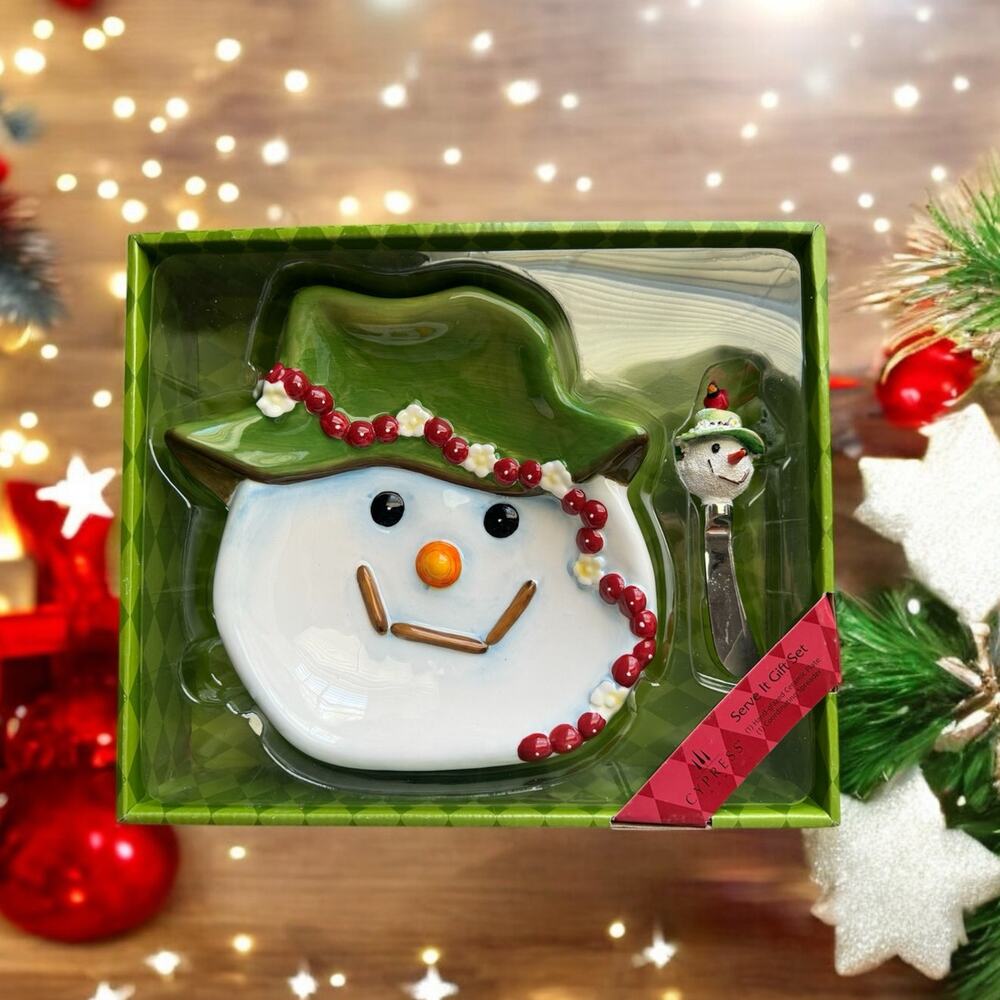Cypress Home Snowman Hand-Glazed Ceramic Plate & Coordinating‎ Spreader Gift Set